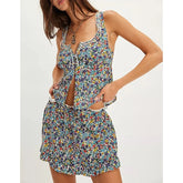 Floral Print Frill Trim Square Neck Tank Top And Ruffle Skirt Set